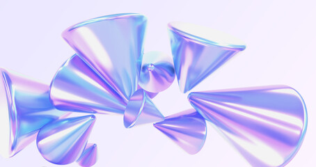 holographic cones on abstract background 3d render. iridescent neon foil hologram shapes with glossy