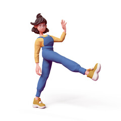 Cute kawaii positive excited asian colorful brunette k-pop girl in fashion clothes blue overalls, yellow t-shirt walks in humorous funny pose one leg up have fun. 3d render isolated transparent.
