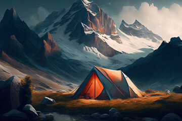 Wall Mural - lonely tent in deserted mountains, lake and river in background. generative ai