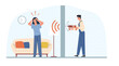 Woman suffers from unbearable noise due to repairs in apartment next door. Man drilling wall, noisy neighborhood. Home renovation, construction worker cartoon flat illustration. png concept