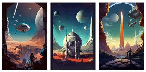 Aufkleber - Space, science fiction, future. space poster with space and spaceship scenery, in the style of illustrative realism. Generative AI