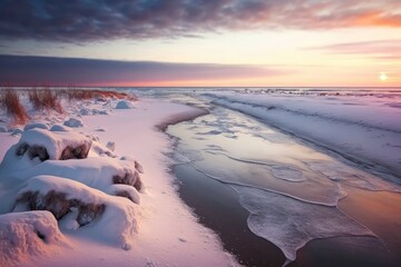 Wall Mural - snowy beach beside a tranquil body of water. generative ai