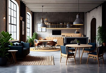 Wall Mural - Modern loft concrete and wooden coworking interior with various pieces of furniture, equipment and items. Commercial workplace concept. 3D Rendering. Generative AI