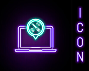 Poster - Glowing neon line Laptop with screwdriver and wrench icon isolated on black background. Adjusting, service, setting, maintenance, repair, fixing. Colorful outline concept. Vector