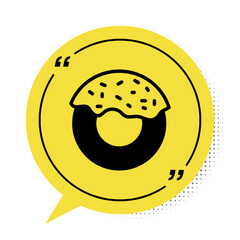 Poster - Black Donut with sweet glaze icon isolated on white background. Yellow speech bubble symbol. Vector