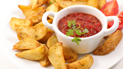 Canvas Print - fried potatoes wedges tomato spicy sauce