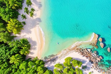 Wall Mural - Paradise beach of a tropical island, palm trees, white sand, azure water. Drone view. Generative AI.