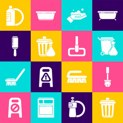 Poster - Set Trash can, Toilet brush, and garbage bag, Washing hands with soap, Adhesive roller, Dishwashing liquid bottle plate and Mop icon. Vector