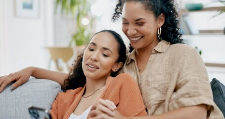 Canvas Print - Phone, winner and lesbian couple on sofa high five for celebration, winning and online bonus at home. Love, dating and happy women on couch with smartphone for social media, internet and website game