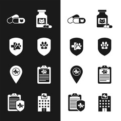 Poster - Set Animal health insurance, , Cat and pills, medicine bottle, Location veterinary and Clinical record pet icon. Vector