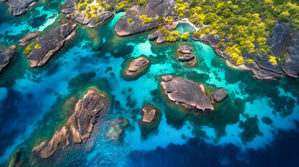 A captivating top-down aerial view of a tropical archipelago, displaying the vibrant colors and patterns of island paradise