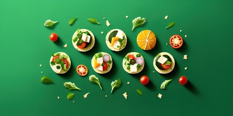 Sticker - Vegetable and cheese canapés against a leafy backdrop. Generative AI