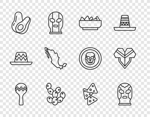 Poster - Set line Maracas, Mexican wrestler, Nachos in bowl, Cactus, Avocado fruit, Map of mexican, and Poncho icon. Vector