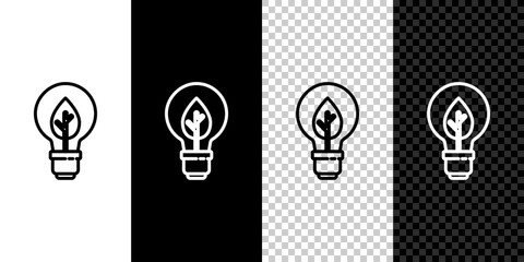 Poster - Set line Light bulb with leaf icon isolated on black and white background. Eco energy concept. Alternative energy concept. Vector