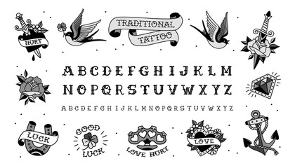 Old School Tattoo designs and Rock style font. Retro tattoo designs set of swallow, anchor, heart, love, rose, flower isolated on white backround. Traditional Tattoo vintage type font vector template