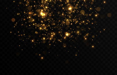 Wall Mural - Vector gold sparkles on an isolated transparent background. Atomization of golden dust particles png. Glowing particles png. Gold dust. Light effect.