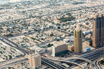 Panoramic top view of Dubai in UAE. Modern arab city architecture