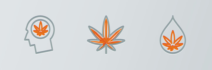 Poster - Set line Marijuana or cannabis leaf oil, Head in profile with marijuana and icon. Vector