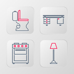 Sticker - Set line Floor lamp, Oven, Office desk and Toilet bowl icon. Vector