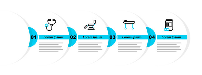 Wall Mural - Set line Medicine bottle and pills, Stretcher, Medical dental chair and Stethoscope icon. Vector
