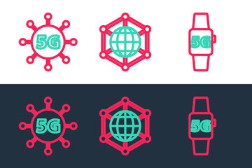 Sticker - Set line Smart watch 5G network, and Social icon. Vector