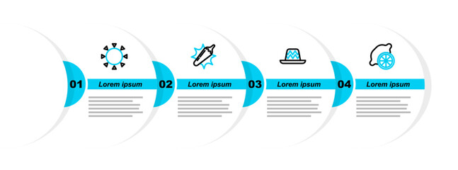 Wall Mural - Set line Lemon, Mexican sombrero, Hot chili pepper pod and Sun icon. Vector