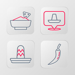 Poster - Set line Hot chili pepper pod, Mexican sombrero, and Nachos in bowl icon. Vector