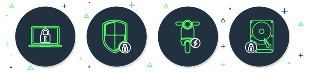 Sticker - Set line Shield security with lock, Electric scooter, Laptop and and Hard disk drive icon. Vector