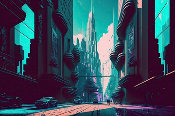 Wall Mural - bustling city street surrounded by towering skyscrapers. Generative AI