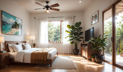 Photo of a spacious bedroom with a comfortable bed and a cooling ceiling fan