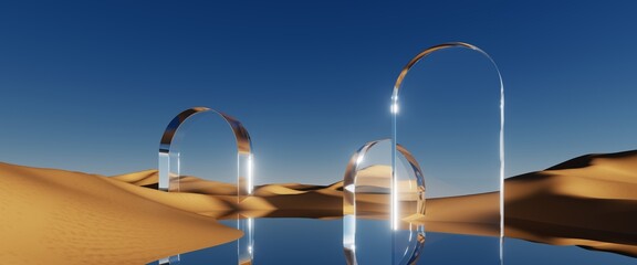 Wall Mural - 3d render, abstract surreal desert landscape. Sunny day, clear blue sky, yellow sand dunes, water flat surface, mirror reflection, geometric round glass arches. Minimalist aesthetic panorama