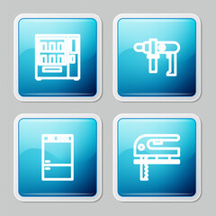 Sticker - Set line Vending machine, Electric drill, Refrigerator and jigsaw icon. Vector