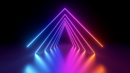 Wall Mural - 3d render. Abstract geometric neon background. Triangular shape. Colorful lines glowing in the dark. Minimalist wallpaper