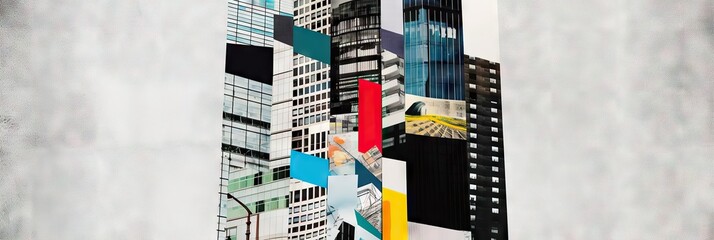  Abstract collage of skyscrapers, business buildings in big city. Surreal skyscraper banner concept, contemporary colors and mood social. Generate AI