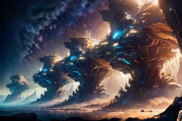 ai generated depiction of futuristic intergalactic planet in space
