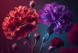 Fototapeta Kwiaty - Carnations red and violet flowers on bright background czerwone goździki kwiaty na jasnym tle. Generative AI