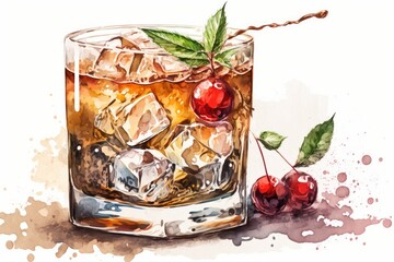 Sticker - refreshing summer drink with cherries and ice in a glass. Generative AI