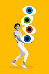 Poster - Creative composite photo collage 3d eyeballs carry social opinion nervous dont like much attention observing isolated on yellow background