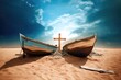 Landscape of a beach with two fishermen boats and a wood cross in the middle and dark clouds Hope In Jesus Generative AI Illustration