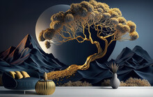3d Modern Interior Mural Art Wallpaper For Home Wall Decoration. Golden And Dark Blue Mountains, Featuring A Golden Tree With Moon Dark Landscape Background. Ai