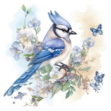 A Charming Watercolor Of A Cute Little Blue Jay Generative Ai