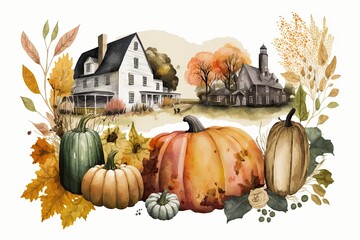 Poster - cozy autumn scene featuring pumpkins and a house in watercolor. Generative AI