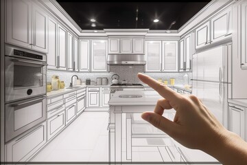 Wall Mural - Female hands frame kitchen design drawing combined with finished project, showcasing creative journey. generative ai