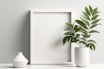 a white picture on a white wall with a green tropical plant next to it. mockup, template. generative