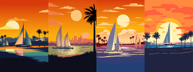 Wall Mural - Set of bay landscape at sunset vector illustration