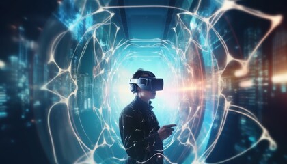 Visual reality concept. Young man using Visual reality or VR headset and interacting with object. Man getting experience using VR headset glasses.