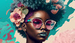 Image Generated AI. Modern wallpaper with a afroamerican young woman on sunglasses and flowers in her hair in pop art style