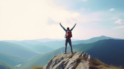 happy man with open arms jumping on the top of mountain - hiker with backpack celebrating success ou