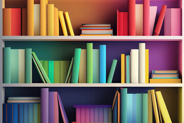 3d illustration of White bookshelves with various colorful books. Generative Ai