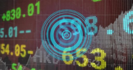 Wall Mural - Animation of round scanner over stock market data processing against grey background